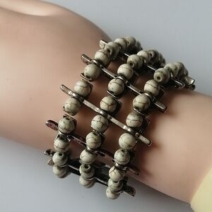Vintage Bohemian Brutalist Style Bracelet Howlite Beads Metal Accents